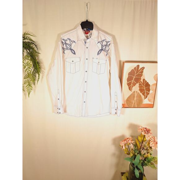 red ranch Other - Red Ranch Men's White Blue Embroidered Snap Button-Up Long-Sleeved Shirt
